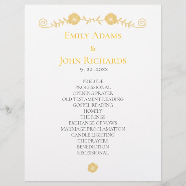 Golden Yellow and White Floral Wedding Program Custom Letterhead (Front)
