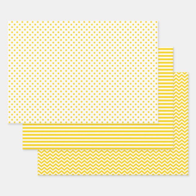 Golden Yellow and White Stripes Chevron Polka Dots Wrapping Paper Sheet (Set)