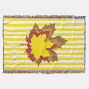 Golden Yellow Autumnal Stripes with Leaves Throw Blanket