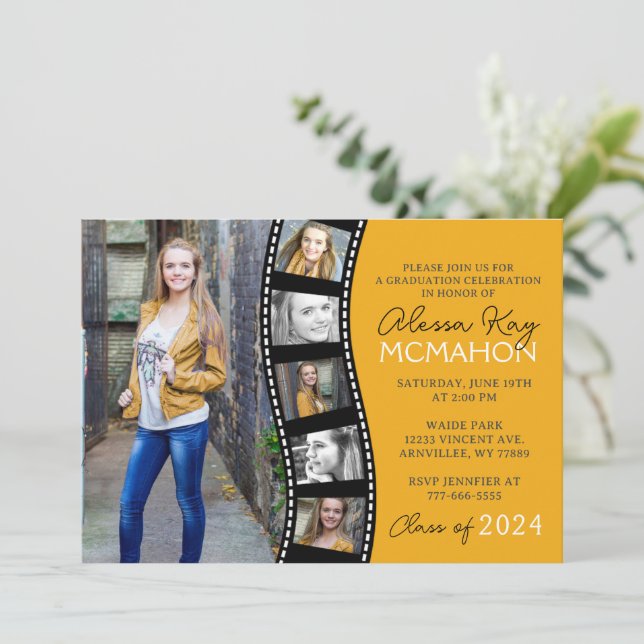 Golden Yellow & Black Filmstrip 6 Photo Graduation Invitation (Standing Front)
