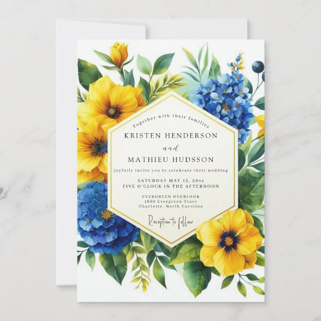 Golden Yellow Blue Bloom Wedding Invitation (Front)