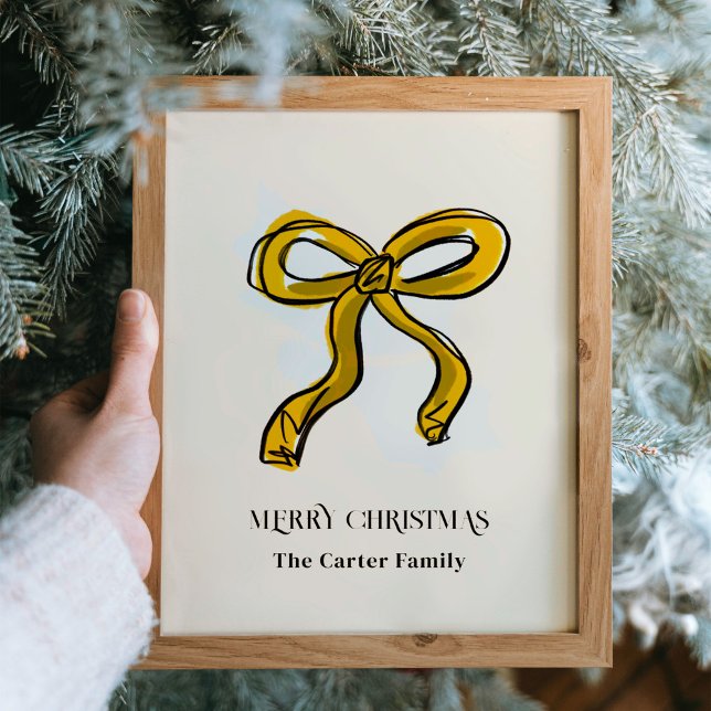 Golden Yellow Bow Illustration Family Name Poster (Golden yellow ribbon bow Christmas holiday sketch illustration personalized art print poster.)