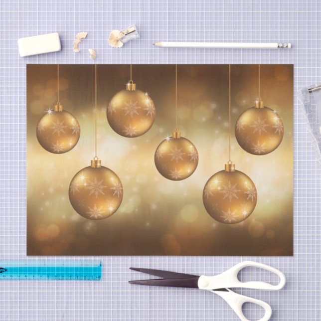 Golden Yellow Christmas Baubles On Yellow Bokeh Tissue Paper (Craft)