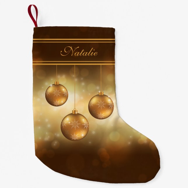 Golden Yellow Christmas Baubles With Custom Name Small Christmas Stocking (Front)