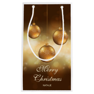 Golden Yellow Christmas Baubles With Custom Text Small Gift Bag