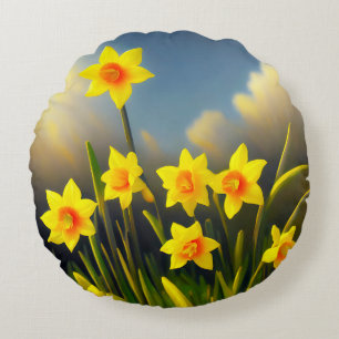 Golden Yellow Daffodil Temptations,  Round Cushion