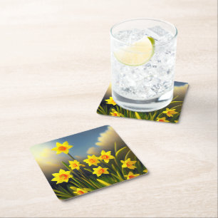Golden Yellow Daffodil Temptations, Square Paper Coaster