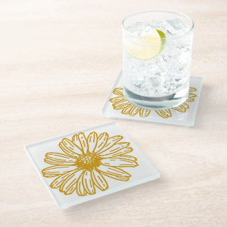 Golden Yellow Daisies Print, Daisy Floral Pattern Glass Coaster