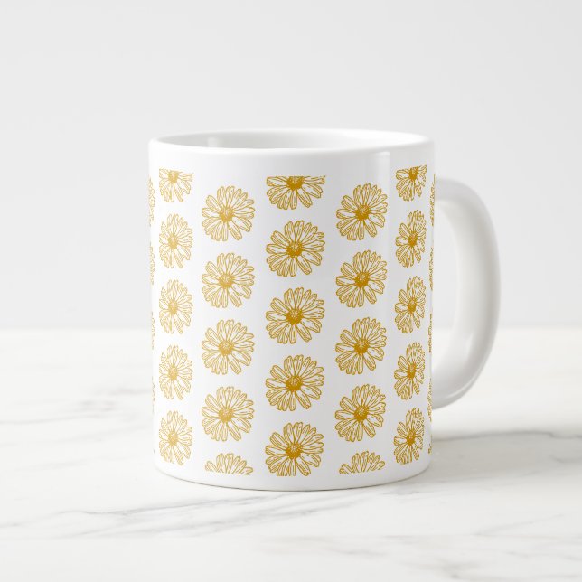 Golden Yellow Daisies Print, Daisy Floral Pattern Large Coffee Mug (Front Right)