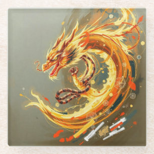 Golden Yellow Dragon Glass Coaster