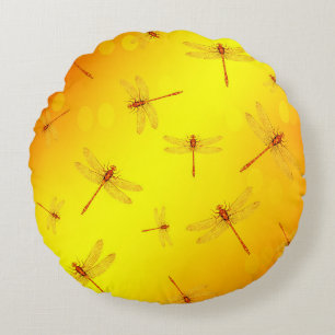 Golden Yellow Dragonflies Flying, Round Cushion