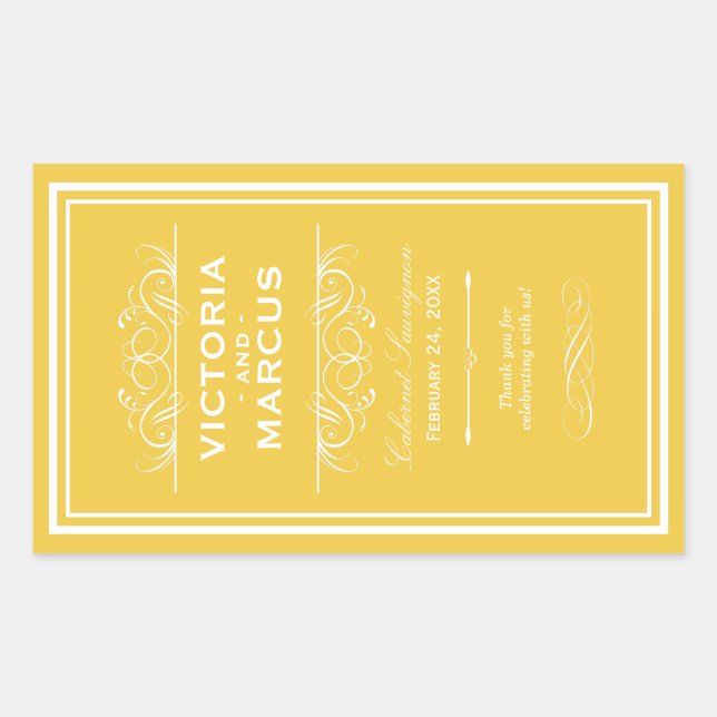 Golden Yellow Elegant Wedding Monogram Wine Bottle Rectangular Sticker (Front)