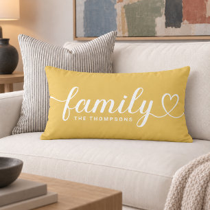 Golden Yellow Family Heart Script Monogram Lumbar Cushion