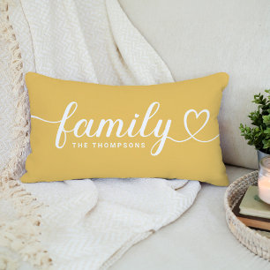 Golden Yellow Family Heart Script Monogram Lumbar Cushion