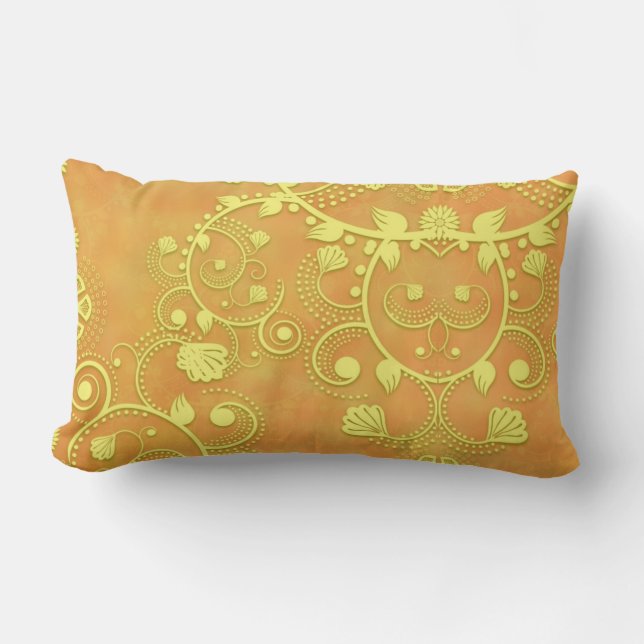 Golden Yellow Fancy Floral Damask Pattern Lumbar Cushion (Front)