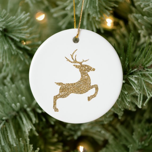 Golden Yellow Faux Glitter Look Jumping Deer Shape Ceramic Tree Decoration (Tree)