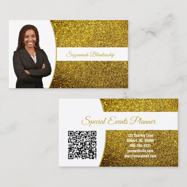 Golden Yellow Faux Glitter Professional Photo QR Business Card (Front/Back)