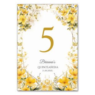 Golden Yellow Floral Butterfly Quinceañera Table Number