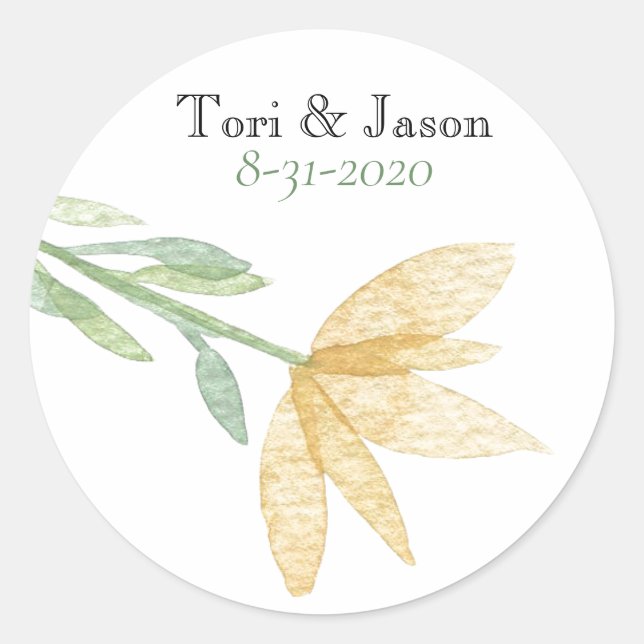 Golden Yellow Floral Wedding Classic Round Sticker (Front)