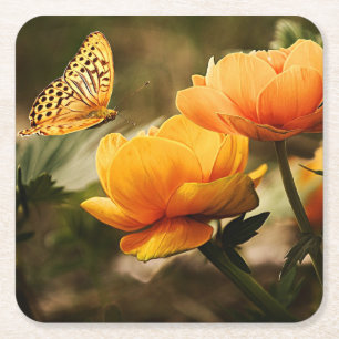 Golden yellow flowers and butterfly square paper coaster