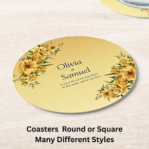 Golden Yellow Flowers Round Paper Coaster