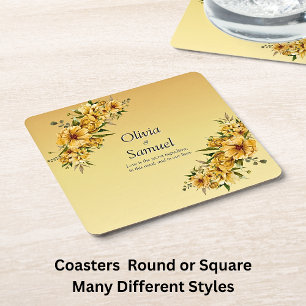 Golden Yellow Flowers Square Paper Coaster