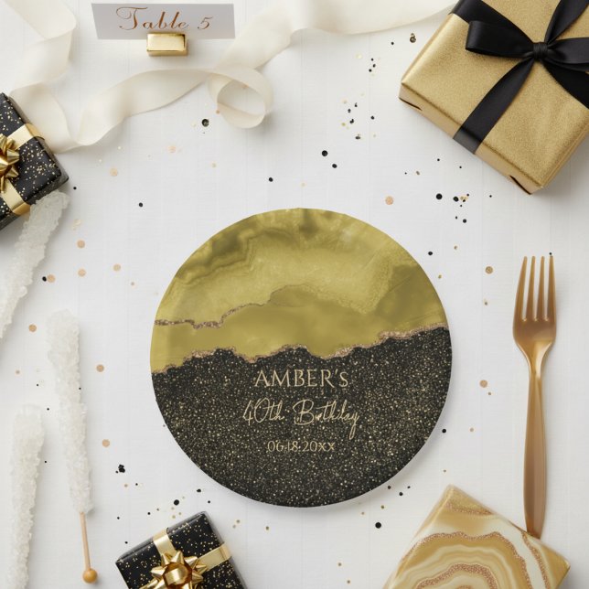 Golden Yellow Gold Glitter Abstract Watercolor  Paper Plate (Creator Uploaded)