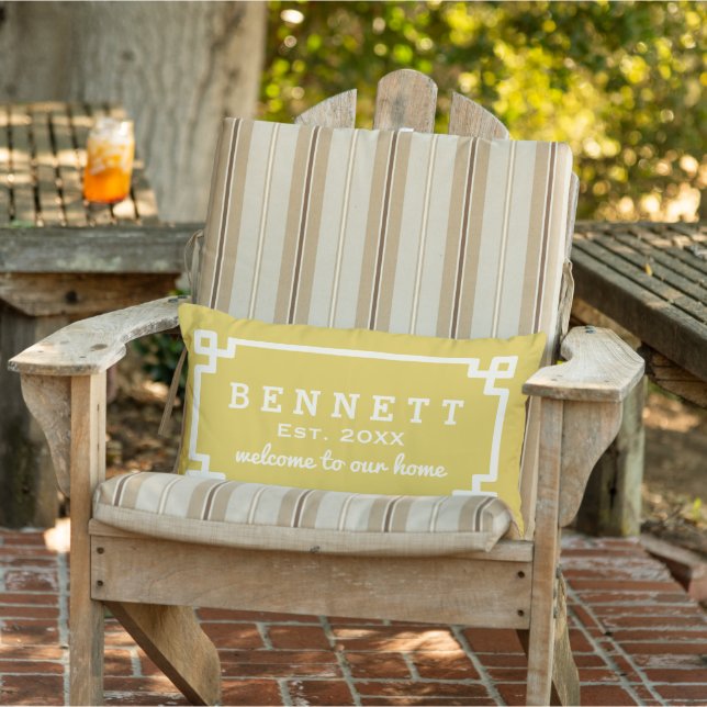 Golden Yellow Greek Key Custom Monogram Welcome Outdoor Cushion (Chair)