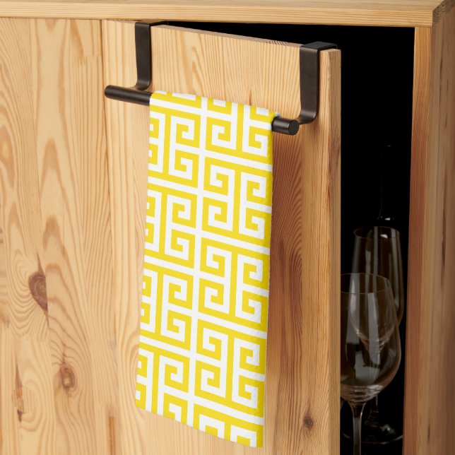 Golden Yellow Greek Key Pattern Tea Towel (Thirds Fold)