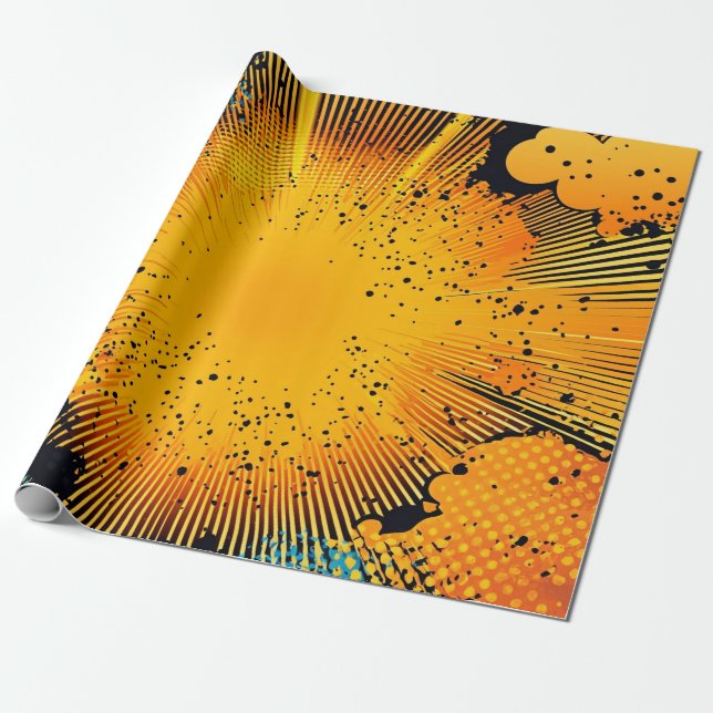 Golden Yellow Grunge Comic Blast Cyan Wrapping Paper (Unrolled)