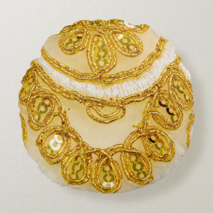 Golden yellow lace stripe. Background texture, sun Round Cushion