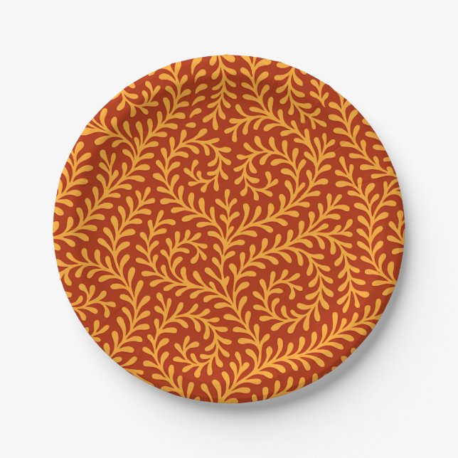Golden Yellow Leafy Vine Pattern  Paper Plate (Front)