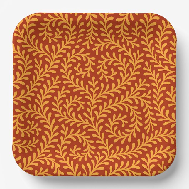 Golden Yellow Leafy Vine Pattern  Paper Plate (Front)