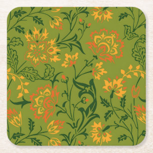 Golden Yellow Leafy Vine Pattern Square Paper Coa Coaster