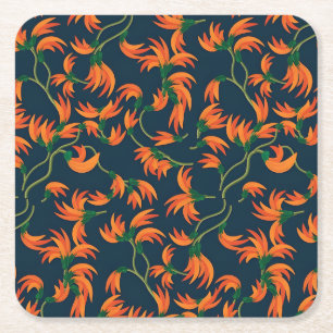 Golden Yellow Leafy Vine Pattern Square Paper Coa Coaster