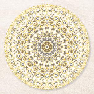 Golden Yellow Mandala Pattern Round Paper Coaster