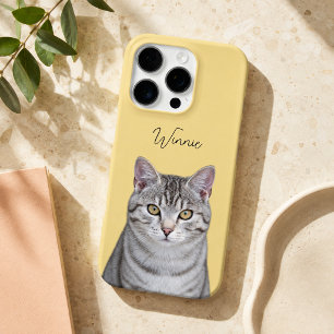 Golden Yellow Modern Cat Photo and Script Name iPhone 16 Pro Case