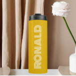 Golden Yellow Modern Typography Personalised Thermal Tumbler<br><div class="desc">Keep hot beverages hot and cold beverages cold in this trendy,  insulated thermal tumbler that is a golden yellow colour along with name printed in white,  modern  typography. Edit your thermal tumbler and replace name with desired name. Perfect for a birthday gift,  wedding groomsman gift,  etc.</div>