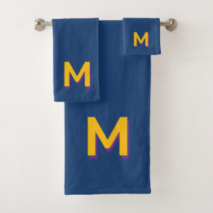 Golden Yellow Monogram on Dark Blue Bath Towel Set