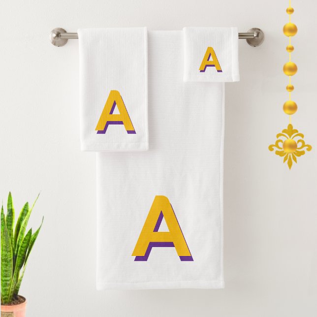 Golden Yellow Monogram on White Bath Towel Set (Creator Uploaded)