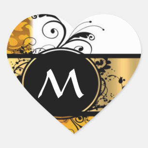 Golden yellow monogram pattern heart sticker