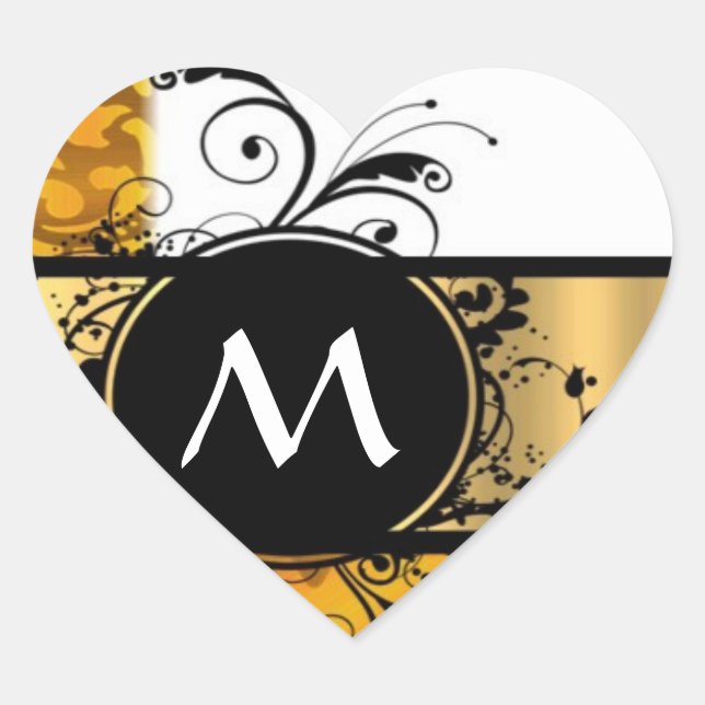 Golden yellow monogram pattern heart sticker (Front)