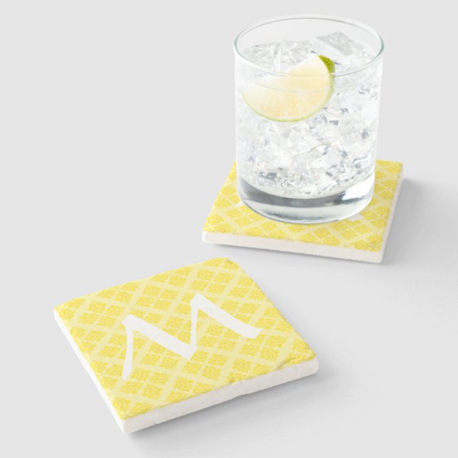 Golden Yellow Moroccan Damask with Monogram Stone Coaster (Side)