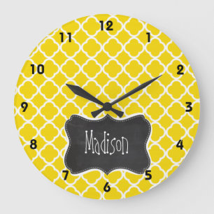 Golden Yellow Moroccan Quatrefoil; Chalkboard look Large Clock