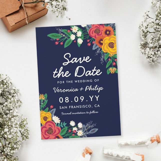 Golden Yellow Navy Blue Bohemian Bouquet Save The Date (Creator Uploaded)