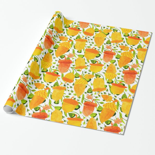 Golden Yellow & Orange Acorn Pattern Wrapping Paper (Unrolled)