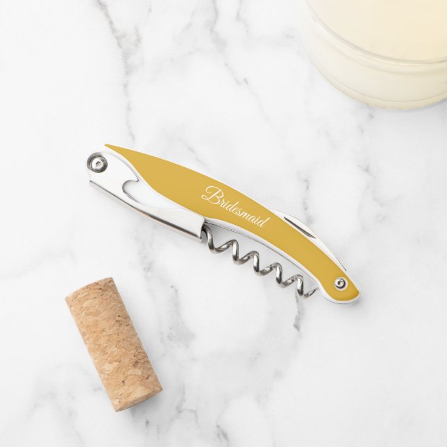 Golden Yellow Personalised Wedding Bridesmaid Corkscrew (Front)