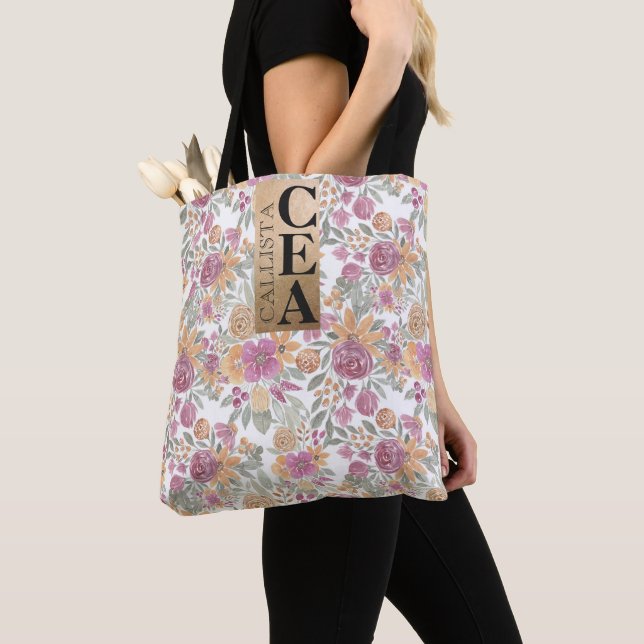 Golden Yellow Pink Floral Watercolor Monogram Tote Bag (Close Up)