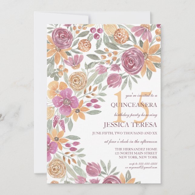 Golden Yellow Pink Floral Watercolor Quinceañera Invitation (Front)