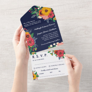 Golden Yellow Red Navy Boho Flowers All In One Invitation
